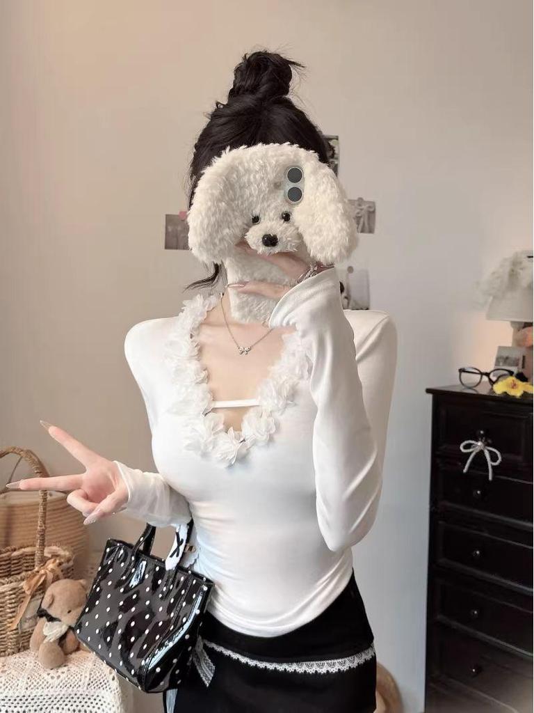 Threaded Plush White Puff Sleeve Lace V-Neck Long-Sleeve Slim-Fit Women's T-Shirt for Autumn/Winter