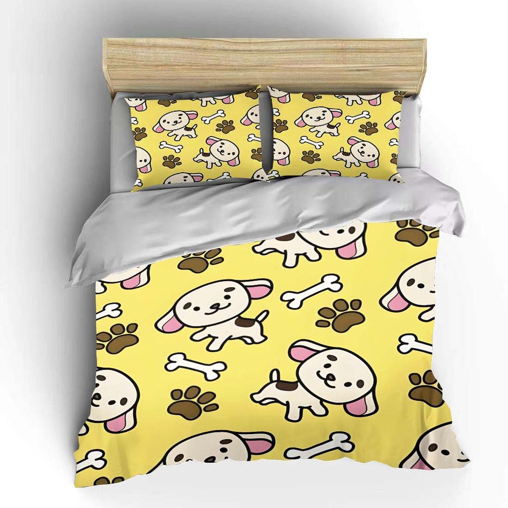 Cute Puppies With Paws And Bones Pattern Bedding Set 1 Duvet Cover 2 Pillowcases For Adult And Children Luxury Gift Full Size