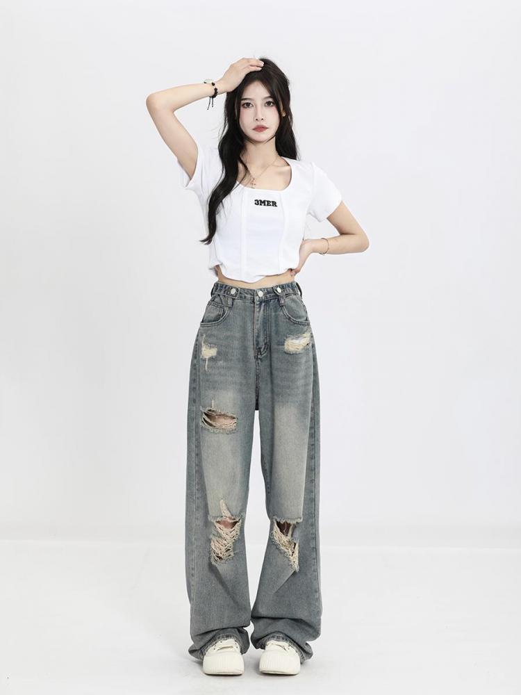 Jean Déchiré Fille Coupe Large Style Vintage Y2K - Jean Baggy Droit Décontracté Toute L'année