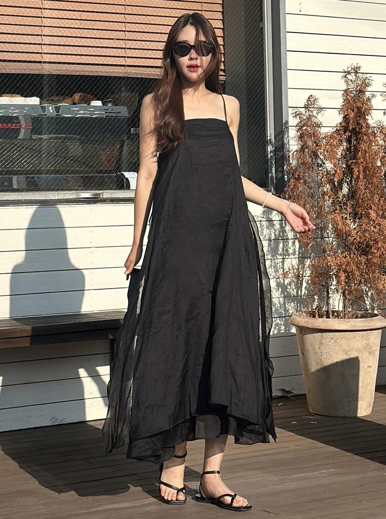 Lady Volume Ramie Linen Sleeveless Midi Dress (Black)