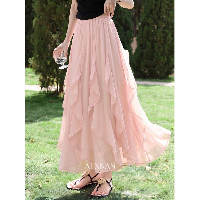 Lu Xiangnan Gentle Pink Flowing Midi Skirt M