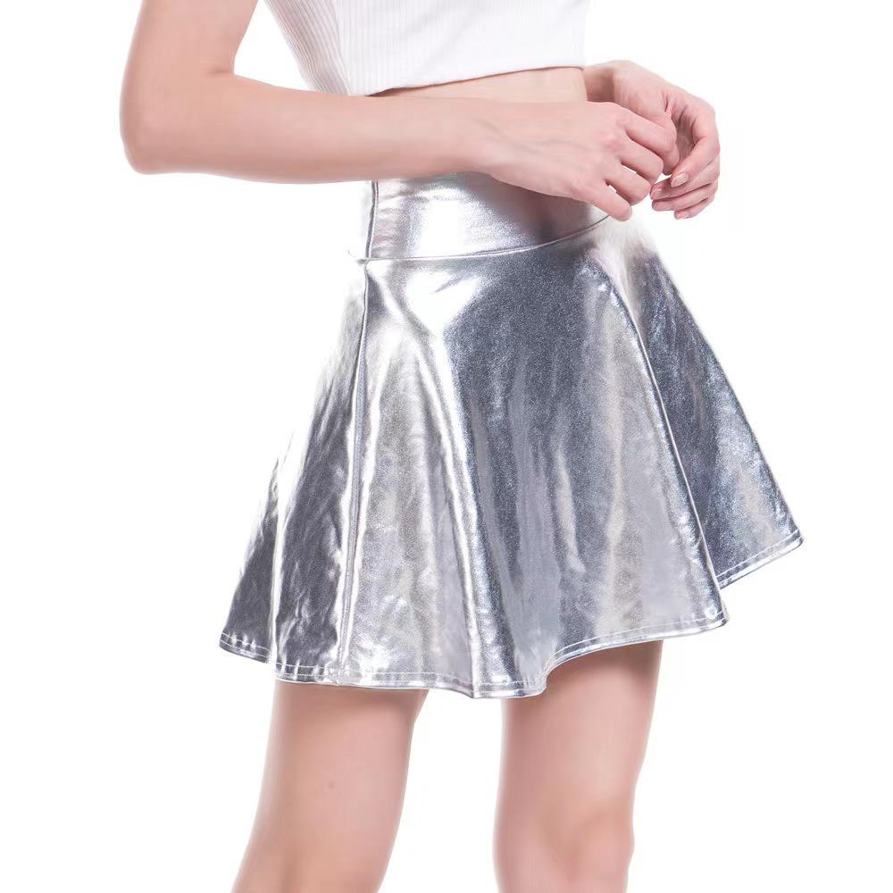 European & American Nightclub Shiny Pleated Patent Leather Midi Skirt - Women's Sexy Performance Costume