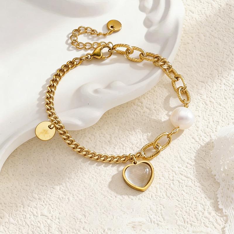 Titanium steel vintage cat s eye stone bracelet, heart-shaped pearl bracelet, jewelry accessory