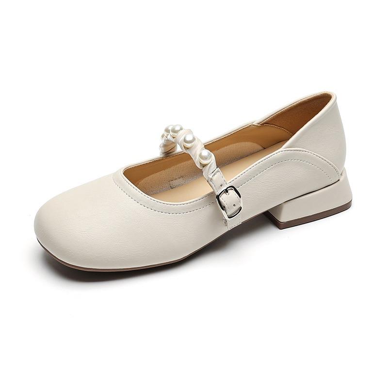 Mary Jane shoes for women round head French line with pearl pumps for women chunky heels