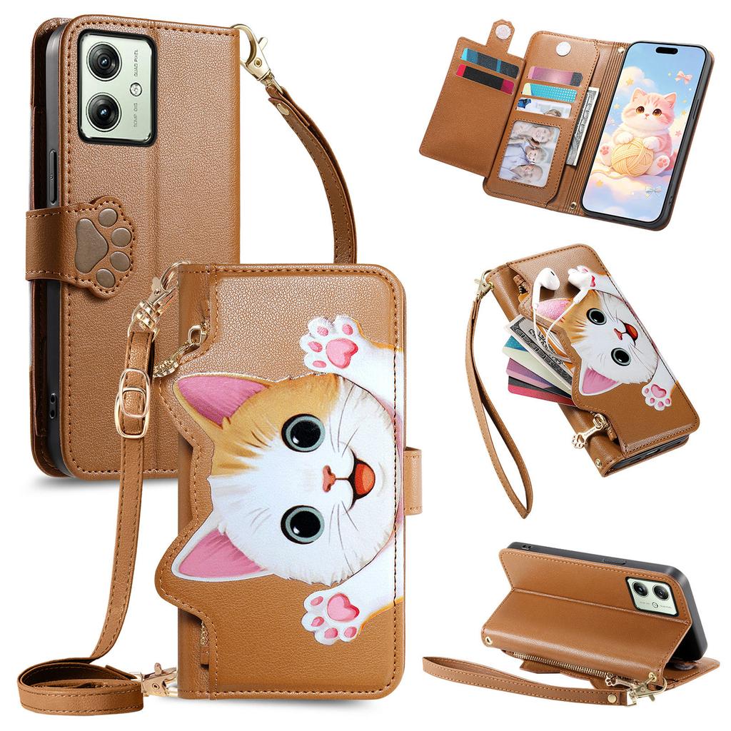 Cute Cat Crossbody Long Lanyard Flip Wallet Leather Case For Motorola G86 G67 G56 G15 Edge 60 Pro 50 Fusion Shockproof Cover