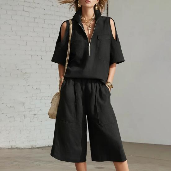 Two Piece Sweatsuit for Women Casual Half Zipper Short Sleeve Tops And Shorts Tracksuits Summer Lounge Outfits with Pockets