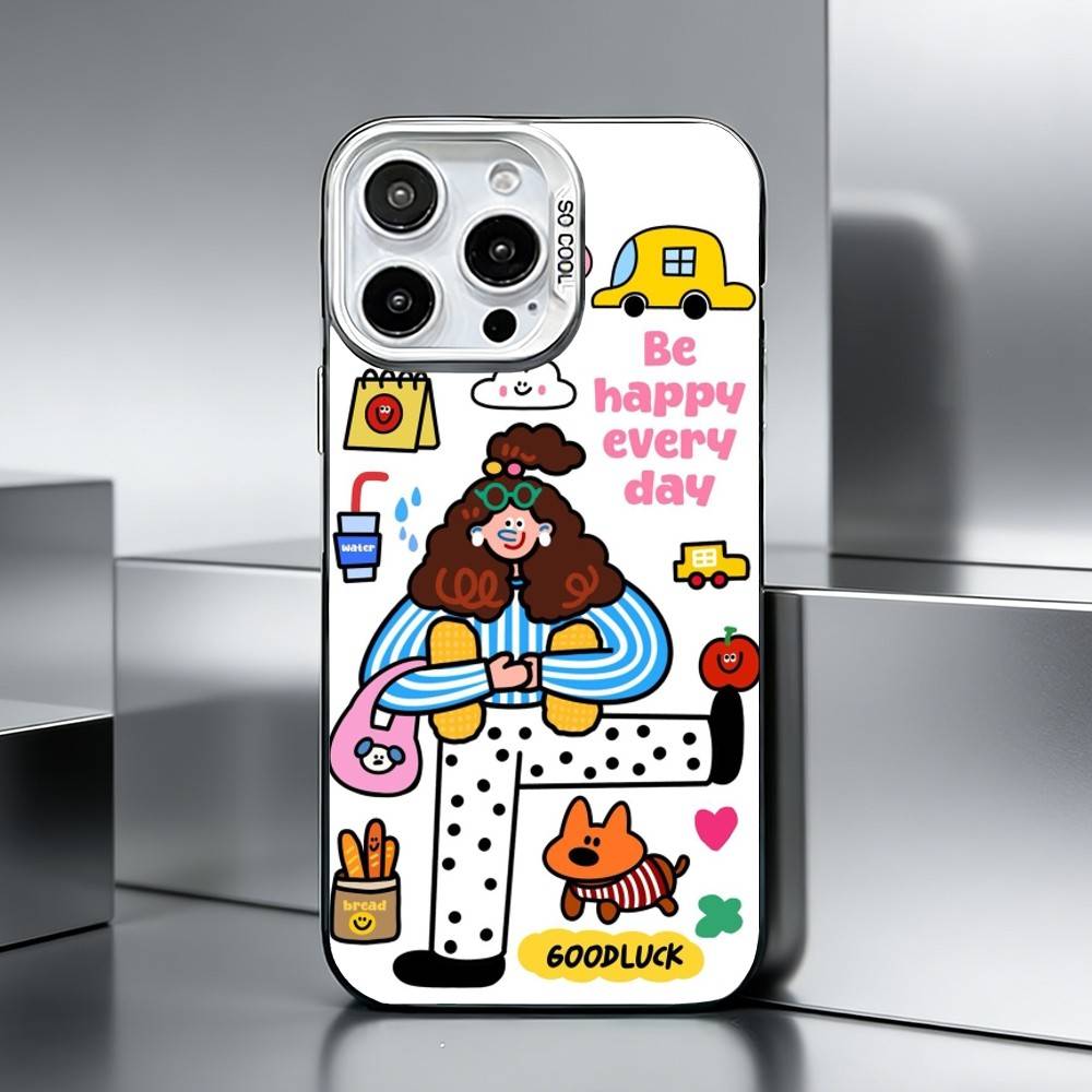 Ins Korean funny and happy girl Phone Case For iPhone 17,16,15,14,13,12,11 Plus,Pro Max,XS,Colored silver phone case