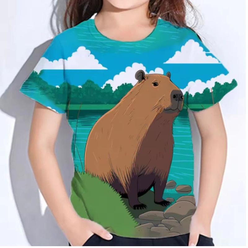 Children's Cartoon Capibala Print Cute Multi-color T-shirts Girls Fashionable Soft Comfortable T-shirt