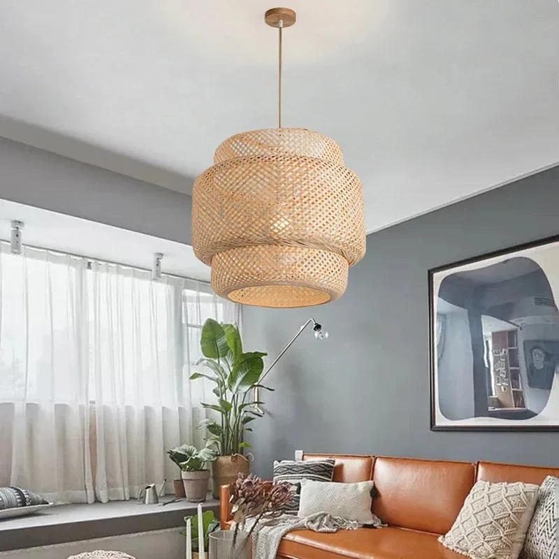 Bamboo Lantern Pendent Light Fixture Natural Rattan Wicker E27 Bulb Chandeliers Pendent Lamp Restaurant Home Decorative Lighting