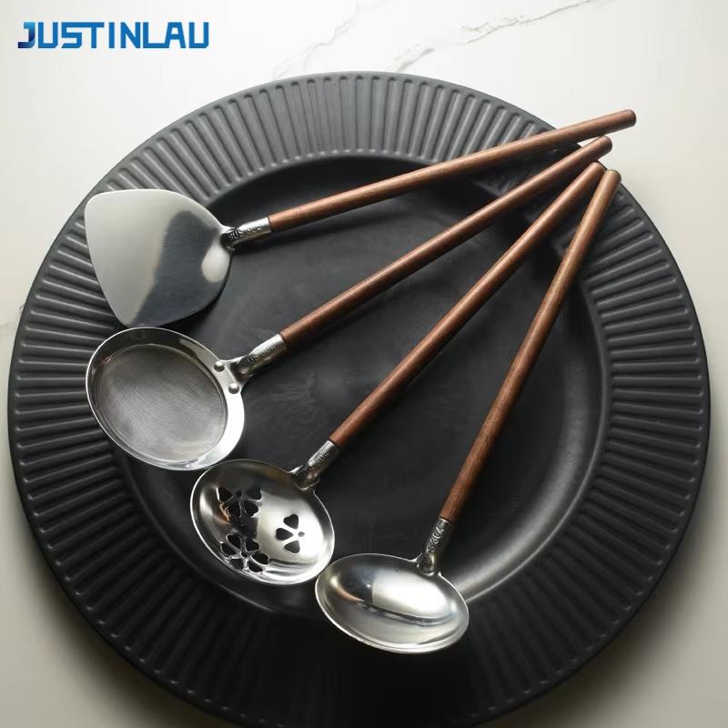 JUSTINLAU Stainless Steel Spatula Soup Spoon Japanese Anti-scald Wood Handle Leaky Spoon Spatula Hot Pot Strainers Cooking Tools