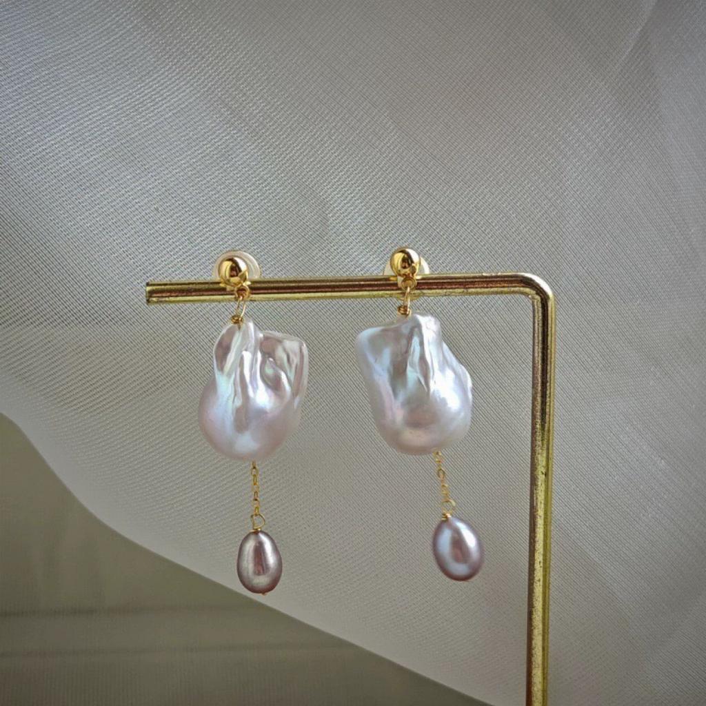 French Temperament Large Colorful Baroque Irregular Fishtail Pearl Earrings Purple Pearl Stud Earrings Pendant Women's