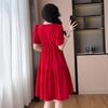 2026 Summer Women's Plus Size Red A-Line Short-Sleeve Waist-Cinched Dress