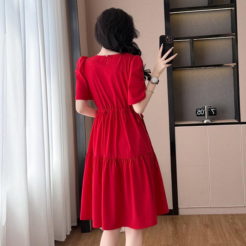2026 Summer Women's Plus Size Red A-Line Short-Sleeve Waist-Cinched Dress