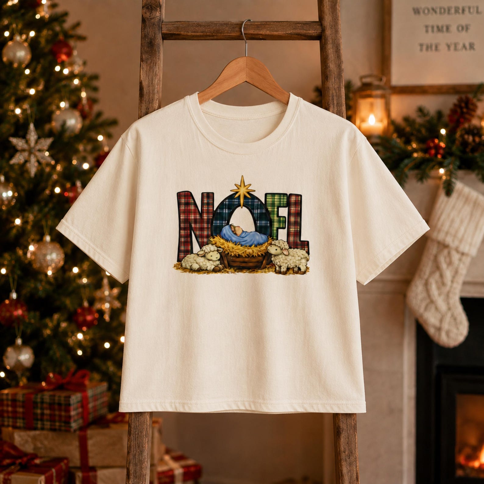 Noel Nativity Graphic Tee | Christmas Plaid Letters with Baby Jesus S