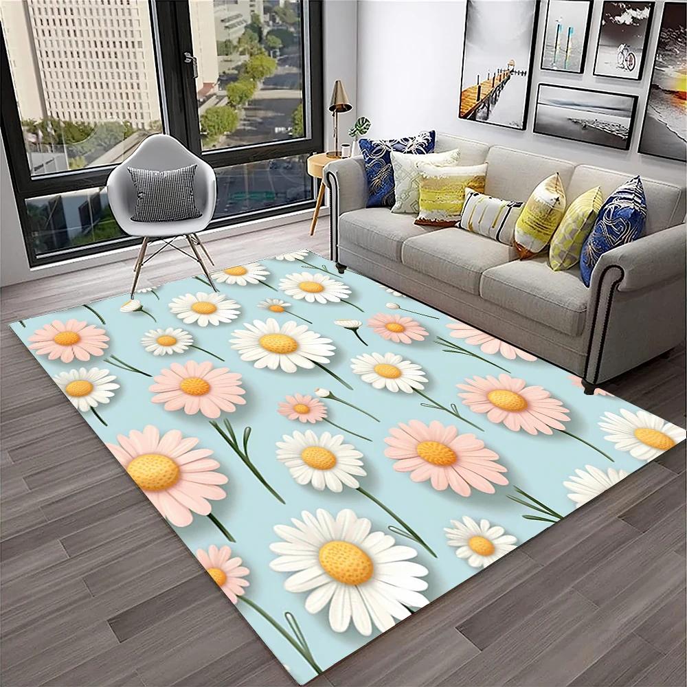 Colourful Daisy Wild Plant 3D Carpet Rug for Home Living Room Bedroom Sofa Doormat Decor,kids Play Area Rug Non-slip Floor Mat