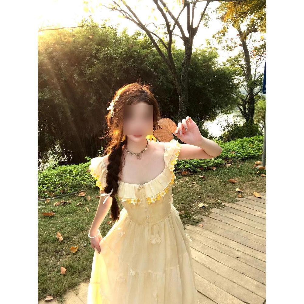 

Женское летнее платье с завышенной талией и тонким силуэтом, квадратным вырезом и на бретелях, уникальное красивое платье с цветочным принтом, подчеркивающее темперамент XL- (recommended 110-60kg) светло-желтого