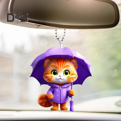 Umbrella Cat Pendant Car Rearview Mirror Charm Kitten 2D Acrylic Car Ornament Cartoon Hanging Decoration for Car Interior Home Window Keys