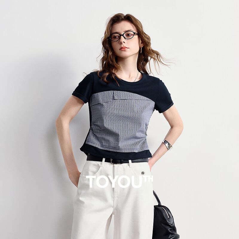 Chuyu Women s Plaid Splicing Fake Two-piece Short Sleeve T-shirt L