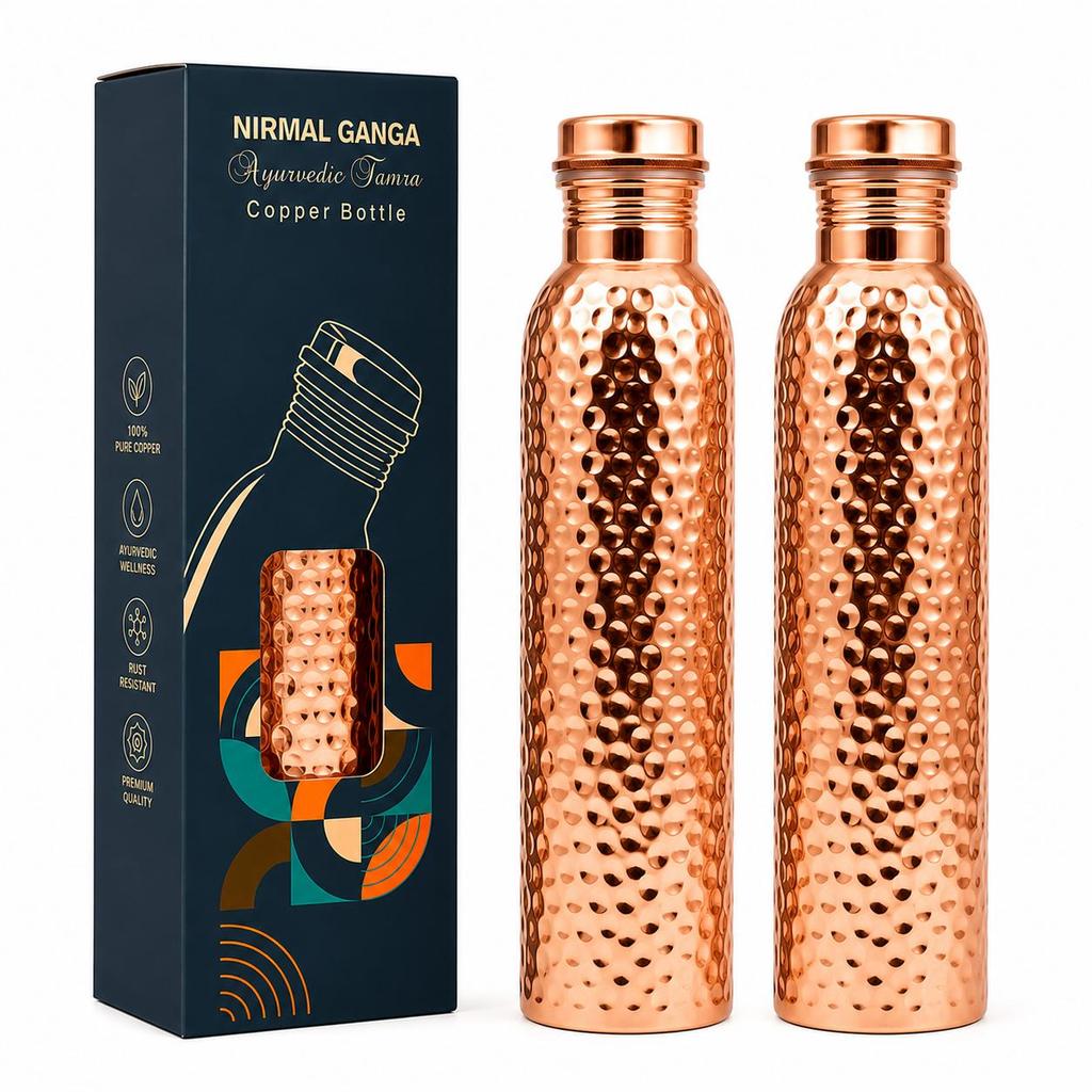 Nirmal Ganga Hammered Copper Bottle 1L (Pack of 2) | Pure Copper Water Bottle | Handcrafted Leakproof Design