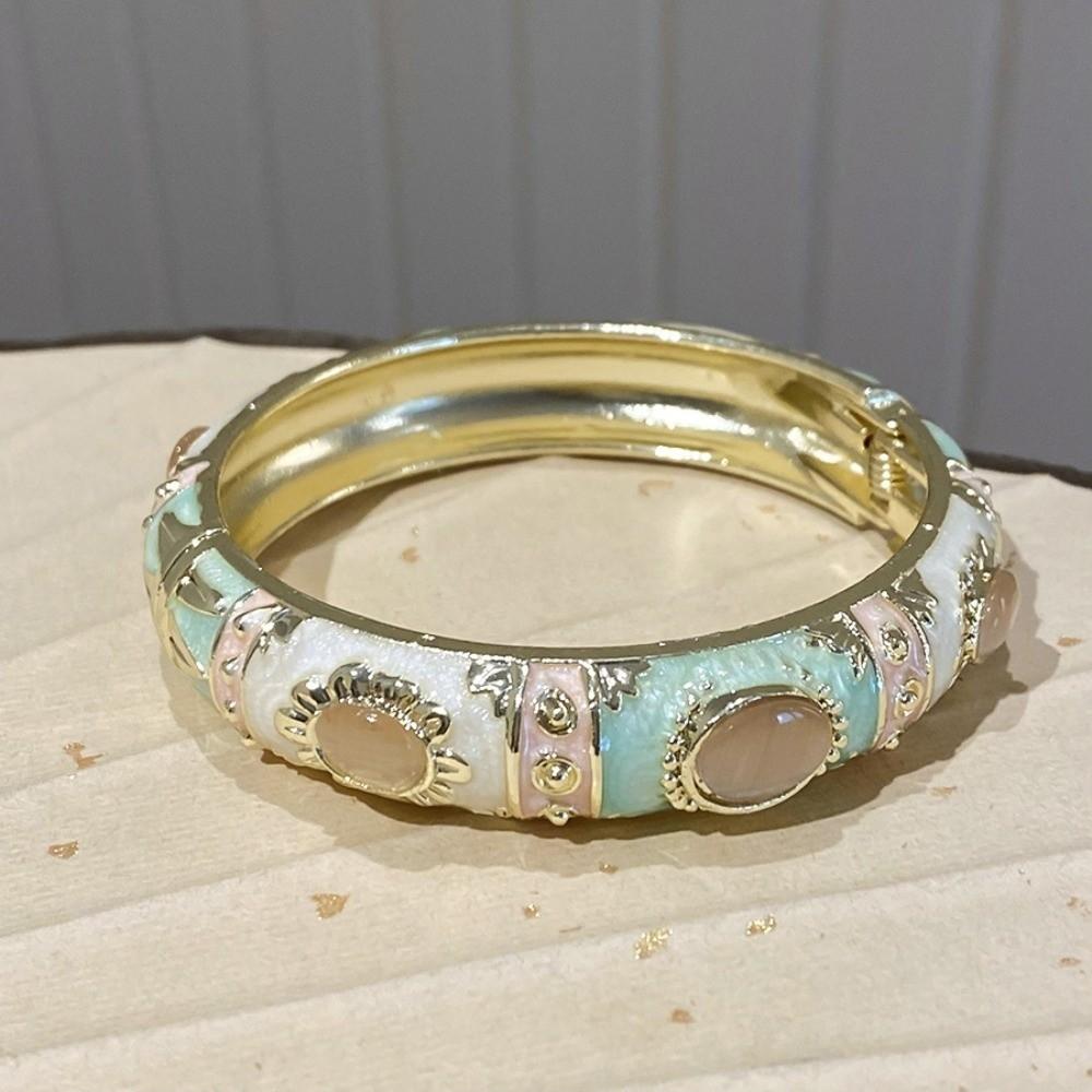 Enamel Floral Vintage Cloisonne Bangle Cat's Eye Stone Women's Hand Bracelet  Gifts for Women Girl