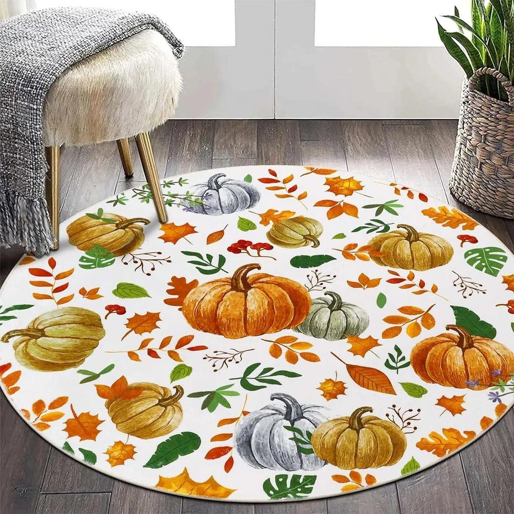 Fall Pumpkin Round Rug for Bedroom Thanksgiving Decor Circle Non Slip Carpet Maple Leaves Floor Mat for Bath Living Room Kitchen