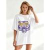 Oversized T Shirt Black Purple Tiger With Heart Sunglasses Game Day Print Casual Wear For Women