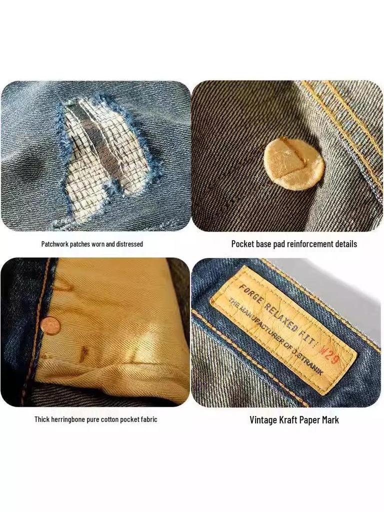 Calças Jeans Masculinas Afuniladas com Retalhos Desgastados - Rasgadas, Bordadas, Lavadas e com Efeito Desgastado para um Look Moderno e Versátil