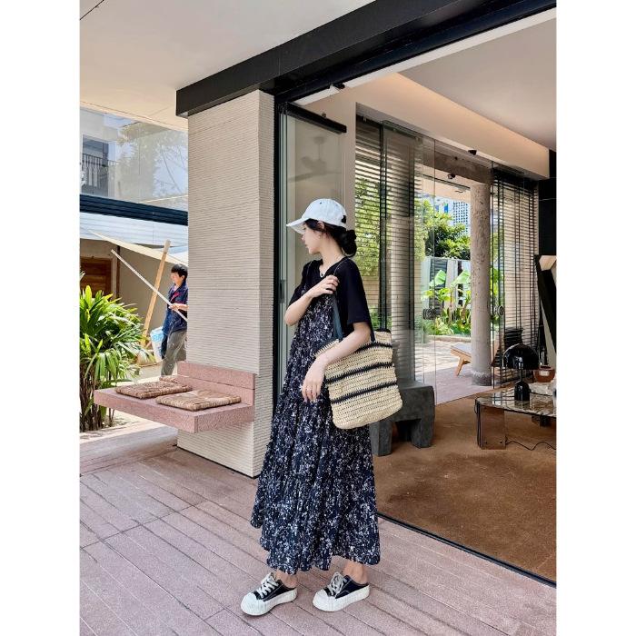 

Fake two-piece splicing floral skirt fat mm paper person thin meat A-shaped skirt large size 55.5 kg summer new dress M