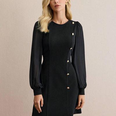 2025 Dámské šaty s kulatým výstřihem, na knoflíky, slim fit, s dlouhým rukávem, jednobarevné, na začátek jara