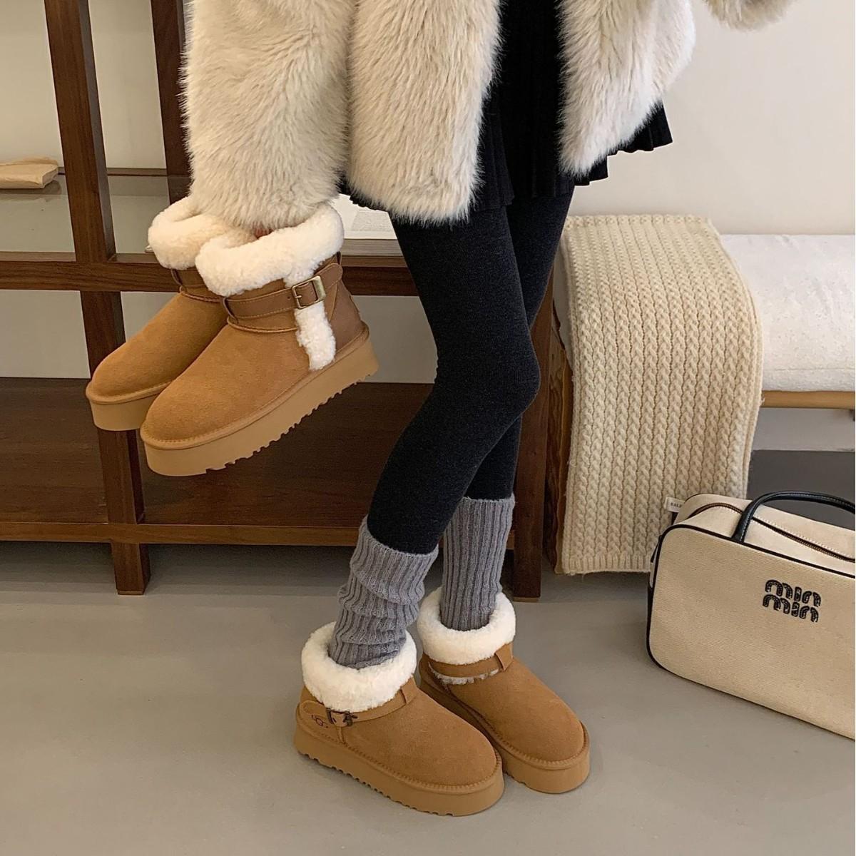 

2025 autumn and winter new fashion versatile platform knight boots belt buckle roll wool fur integrated snow boots 39 каштановый