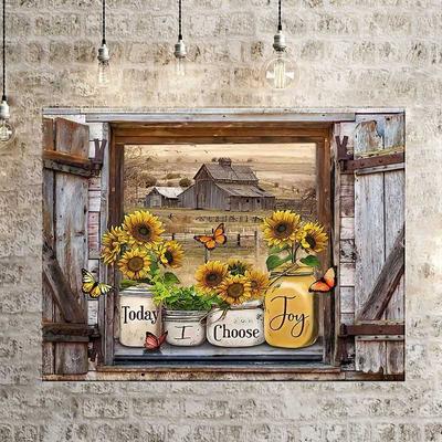 Frameless Window Sill Sunflower Canvas Painting Flower Butterfly Posters And Prints, Wall Art Pictures For Living Room Bedroom