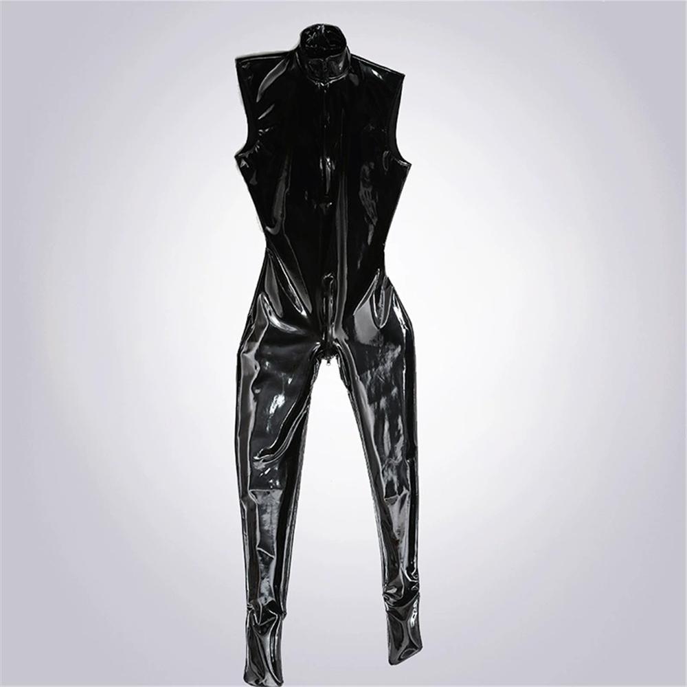 Sexy Men Elastic Pu Bodysuit Sleeveless Zipper Open Crotch Sexy Tights Pvc Latex Glossy Shiny Stage Dance Wear Plus Size