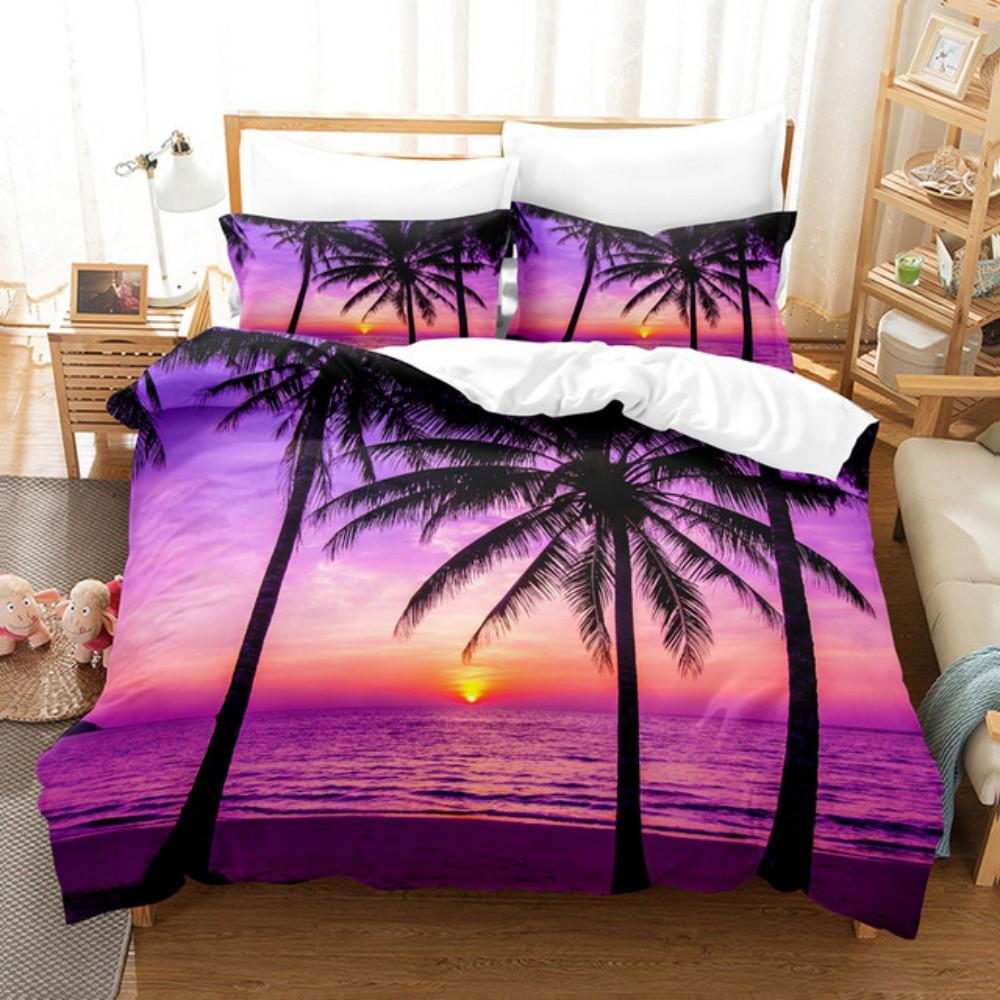 Zonsondergang Zeezicht Palmboom Beddengoed Set Ademend En Zacht Machine Wasbaar 100% Polyester Dekbedovertrek Set Voor Huisdecoratie