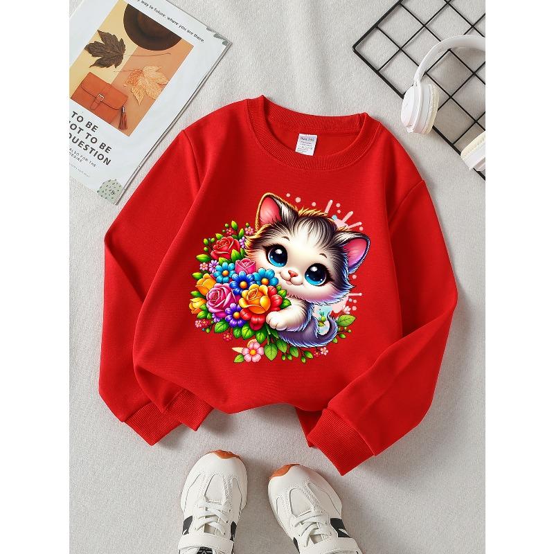 European sizes Girls Soft Crewneck Sweatshirt Cute Kitten Holding Colorful Flower Bouquet Print, Casual All-Match, Ideal Holiday Present