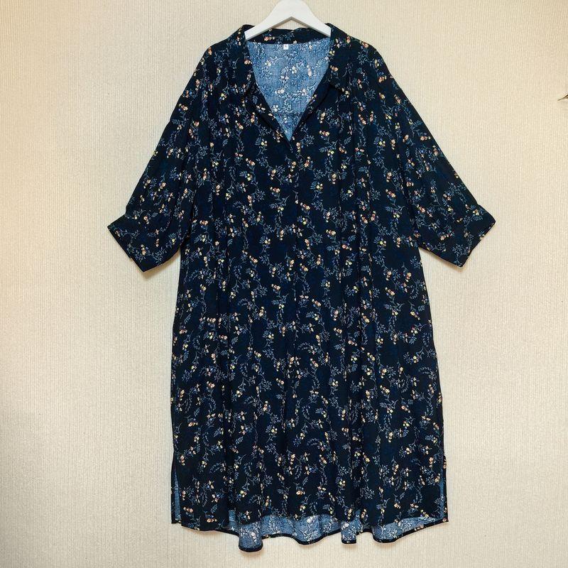 Foreign Trade Japan Order Customer Supply Fabric Rayon Printing V-neck Pullover 3/4 Sleeve Mid-Length Dress Plus size Summer