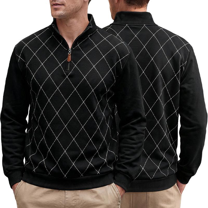 Men S Casual Long Sleeve Pullover Sweatshirt Stand Collar Half Zip Plaid
