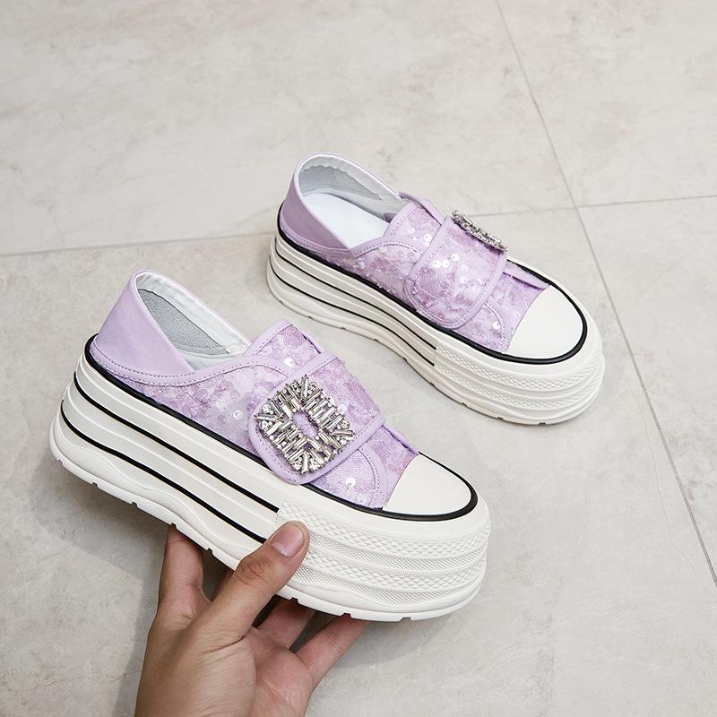 2025 summer new thick-soled casual Velcro board shoes student versatile diamond buckle breathable sequin mesh women's shoes are not stuffy