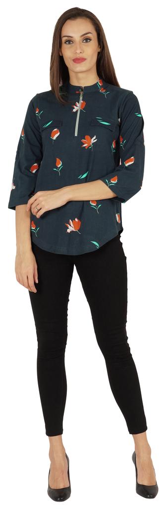 Inkmeso Fashionable Printed Casual Top For Women  s Mandarin Collar Relaxed-Fit Tunic