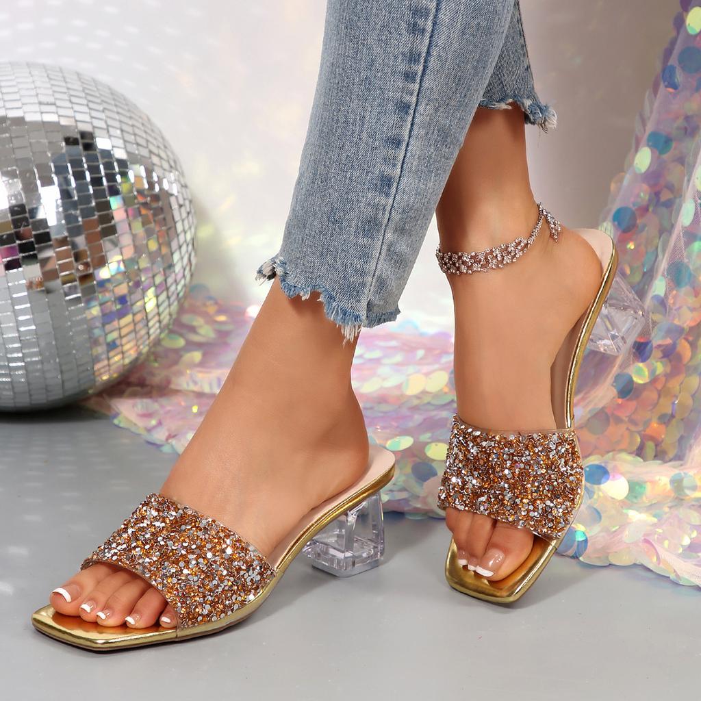 Women's Shoes 2025 Summer New Transparent Crystal Heel Small Cool Slippers Outside Wearing Temperament Sandals