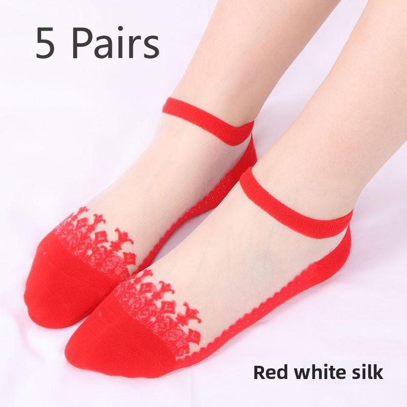 

5 пар классных прозрачных хрустальных чулок, короткие носки-трубы, женские летние невидимые носки 5 Pairs белый/красный