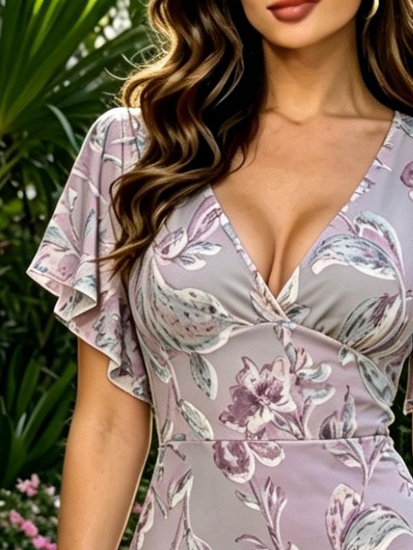 Stylish Grey-Purple Floral V-Neck Dress, Flutter Sleeve Slim Elegant Maxi for Spring Summer Casual
