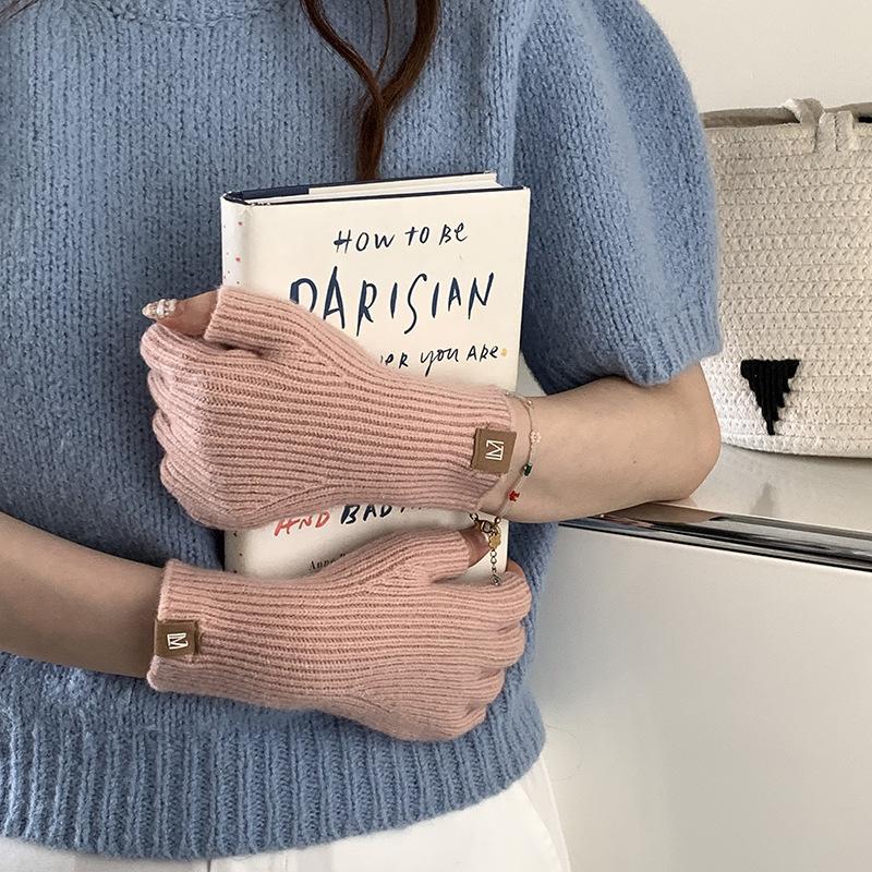 New Fashionable Simple Solid Color Half Finger Gloves Minimalist Touch Screen Knitted Gloves Autumn and Winter Palm Warm Gloves