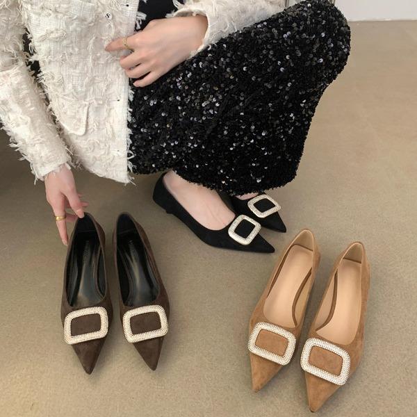 Square Buckle Rhinestone Pointed High Heels Spring and Autumn High-end Sense Elegant Suede Thin Heel Light Mouth Single Shoes Professional Women's