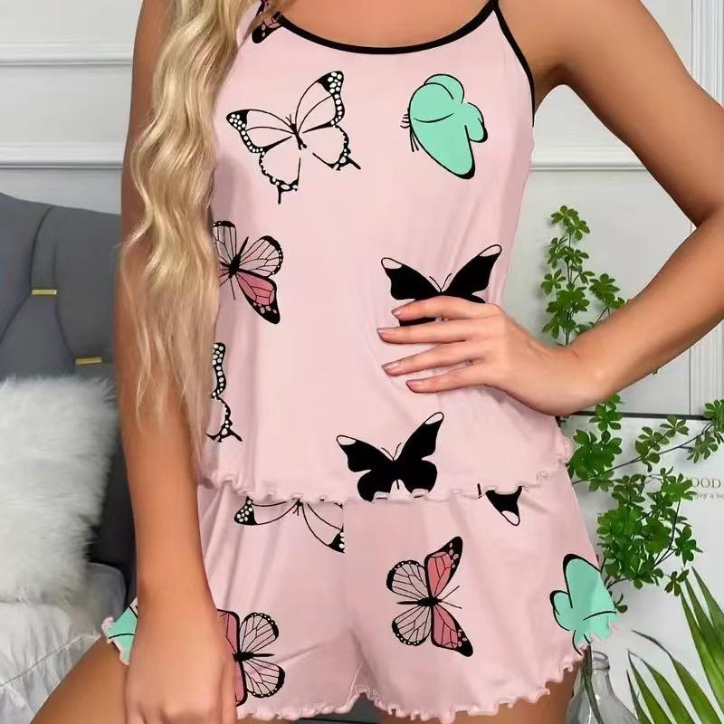 Европейский и американский женский летний комплект пижамы: Сексуальный топ-камзол и шорты L