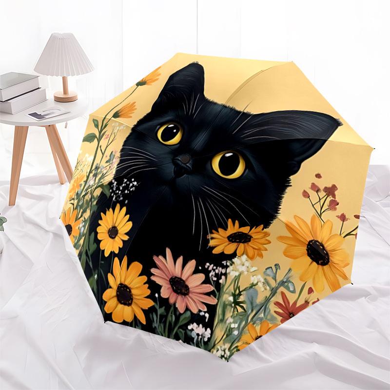 1pc Black Cat Floral Print Automatic Open/close Folding Umbrella, Compact Portable Travel Umbrella, Perfect Birthday/Christmas, Cute Umbrell