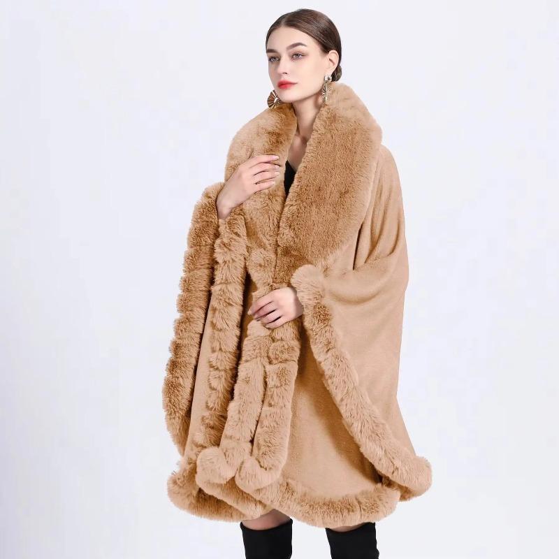 Cape en Fourrure Femme Vêtements d'Hiver Ponchos Épais et Chauds Châle Shawl Manteau Cardigan Longs Amples Manteaux