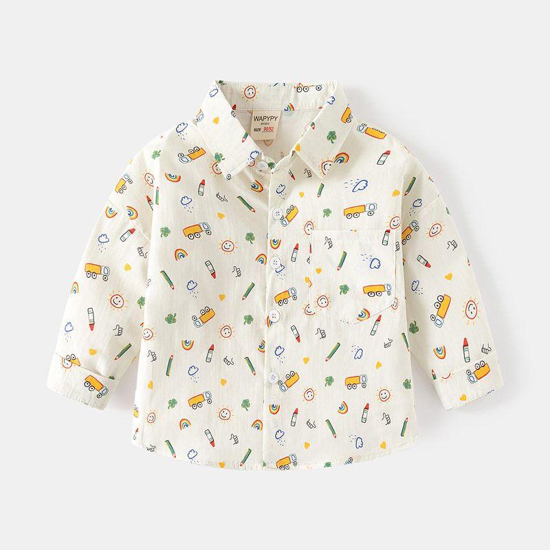 Children's Long-Sleeved Dinosaur Shirt, Spring and Autumn Boys' Cartoon Car Shirt, Baby Boy's Lapel Sun Rainbow Top