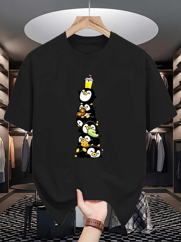 Cute Penguin Snacks Beverage Summer Short-sleeved Unisex T-Shirt Fashion Trend Printed Base Shirt Spring and Summer Round Neck Casual Versatile Top