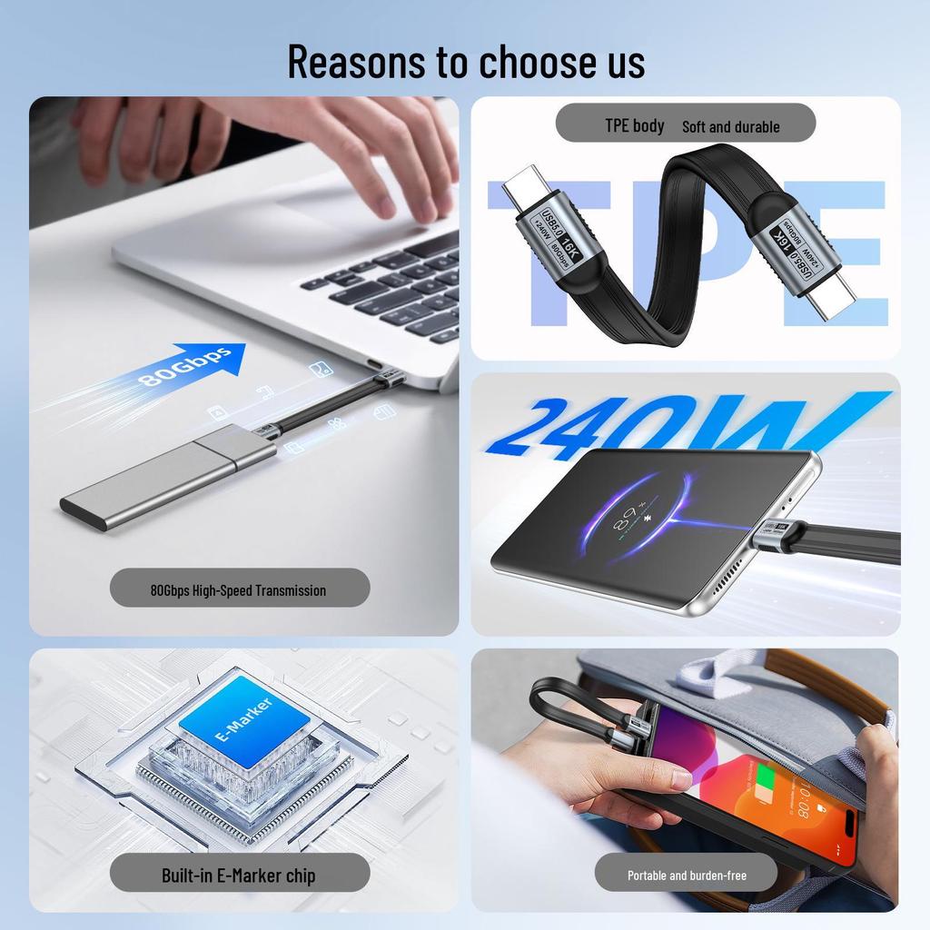 USB5 Dual Type-C TPE Flat Cable, Thunderbolt Compatible, 80G High-Speed, 16K Screen Casting, 240W.