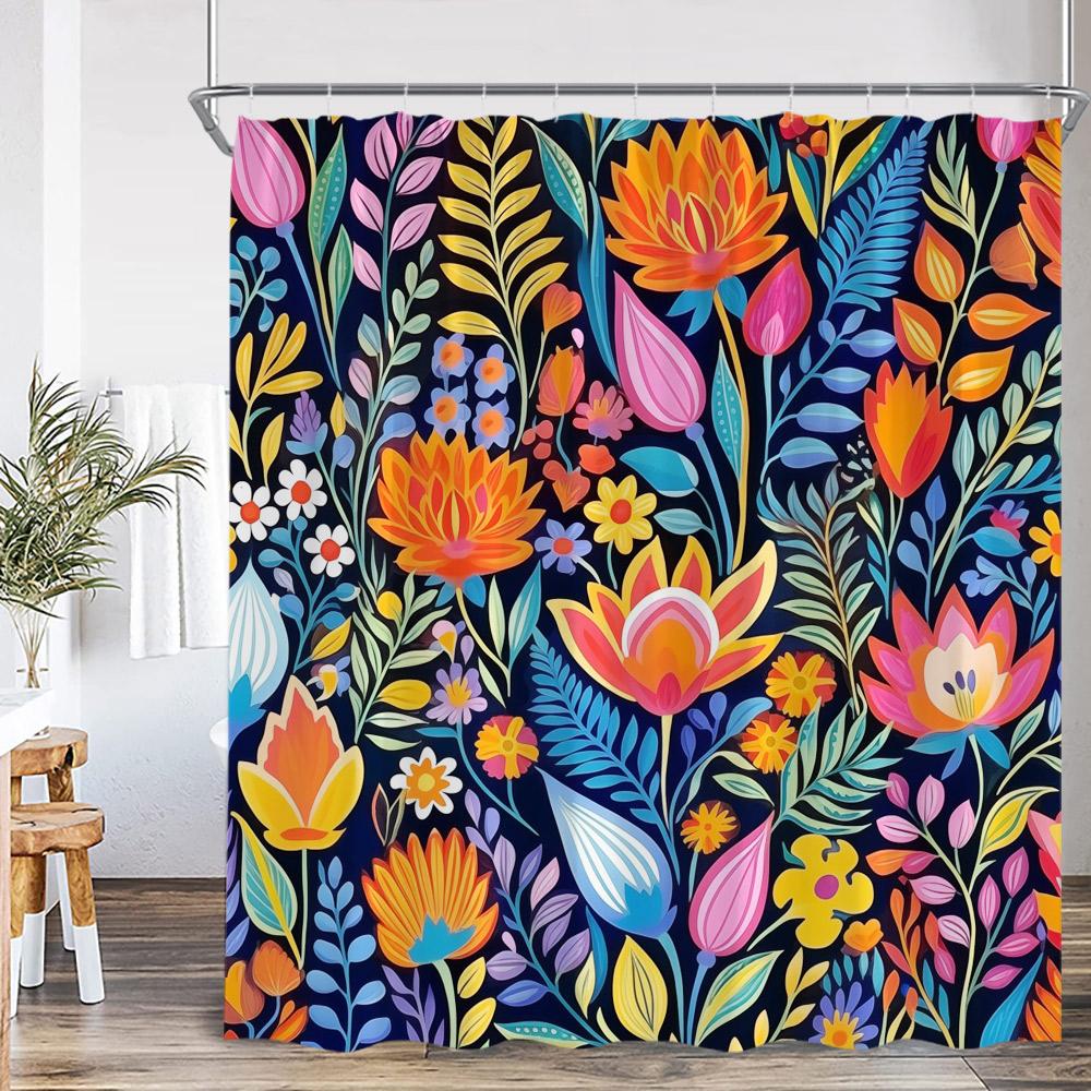 Boho Floral Shower Curtain Vinatge Colorful Flower Green Leaves Plant Spring Summer Bathroom Decor Retro Bath Curtain with Hooks